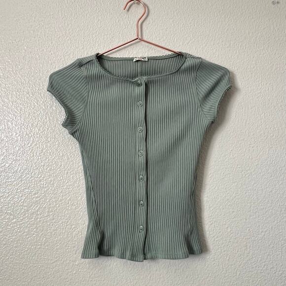 Intimately Free People Most Wanted Cardi rib knit button top short sleeve green - Picture 4 of 9